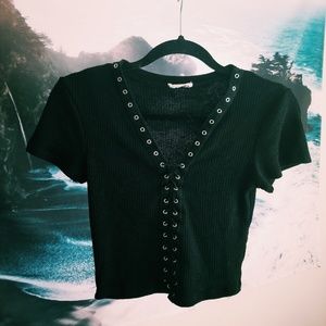 Black cropped lace up shirt
